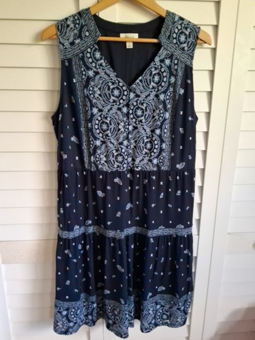 Style & Co. Navy Blue Paisley V-Neck Tiered Midi Dress